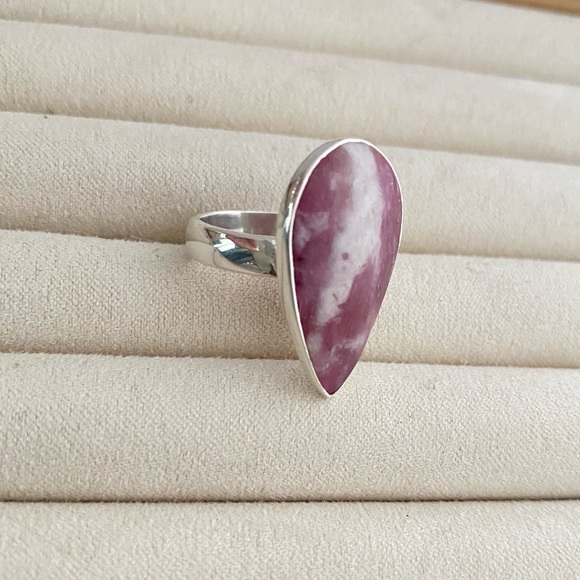 925 Sterling Silver Large Rhodochrosite Gemstone Teardrop  Ring - Picture 8 of 16
